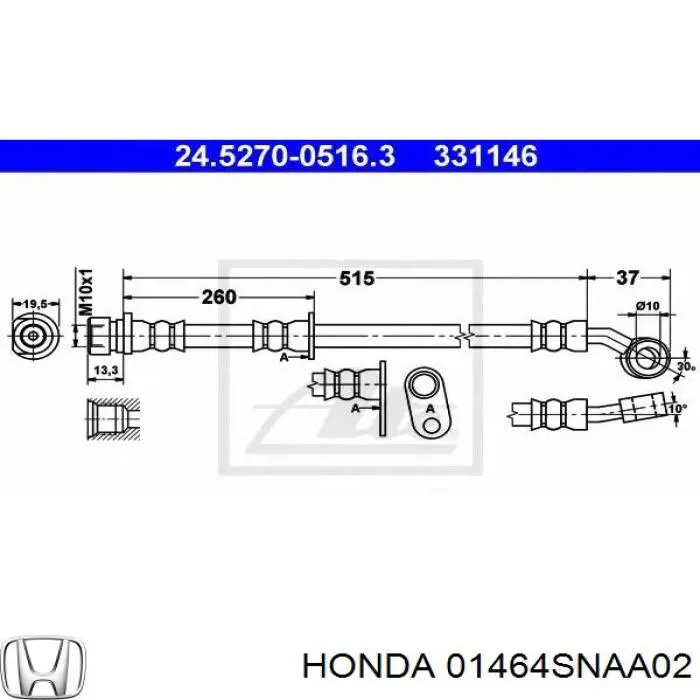 Купити 01464SNAA02 Honda Шланг гальмівний передній, правий