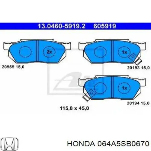 Гальмівні колодки Honda 064A5SB0670 ціна, від 14.28 USD