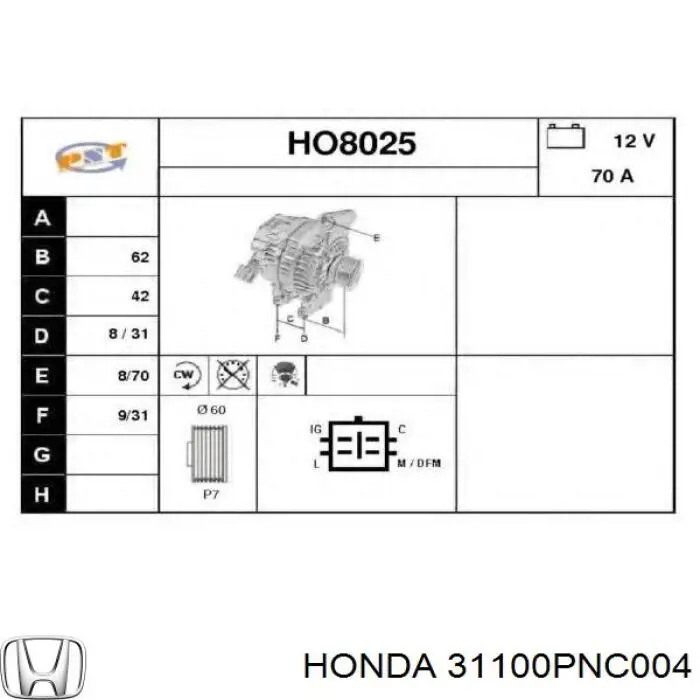Генератор автомобільний Honda 31100PNC004