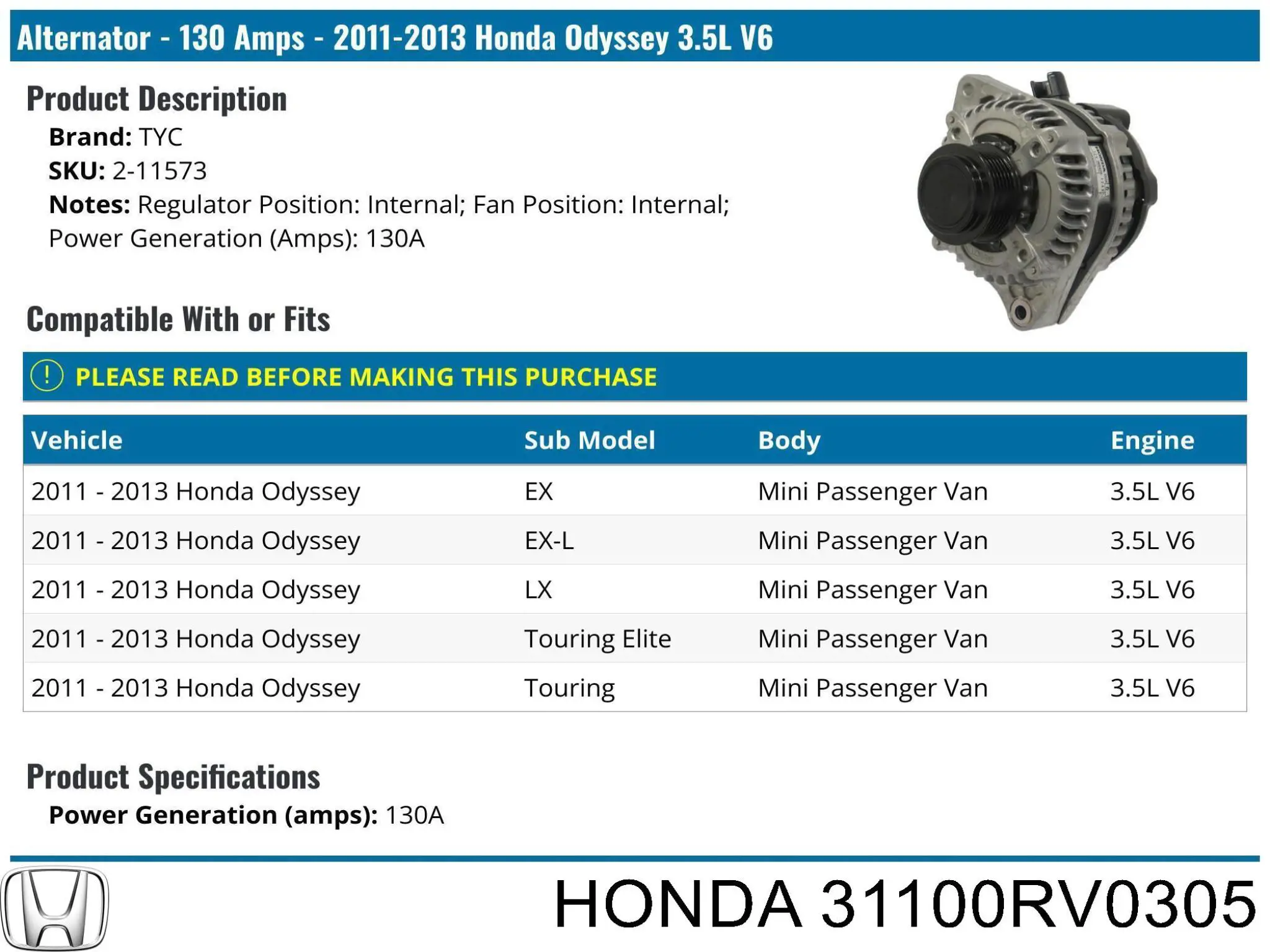 31100RV0305 Honda Авто генератор