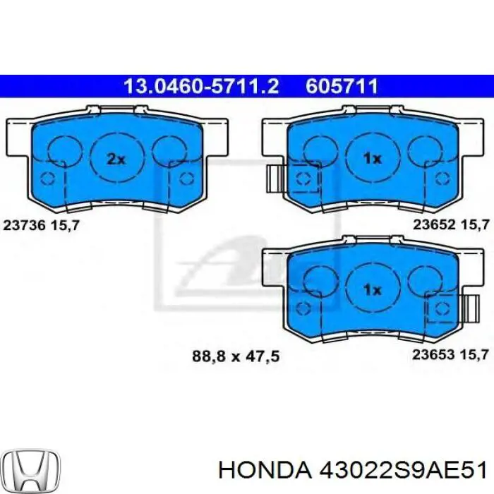 43022S9AE51 Honda колодки гальмові задні, дискові