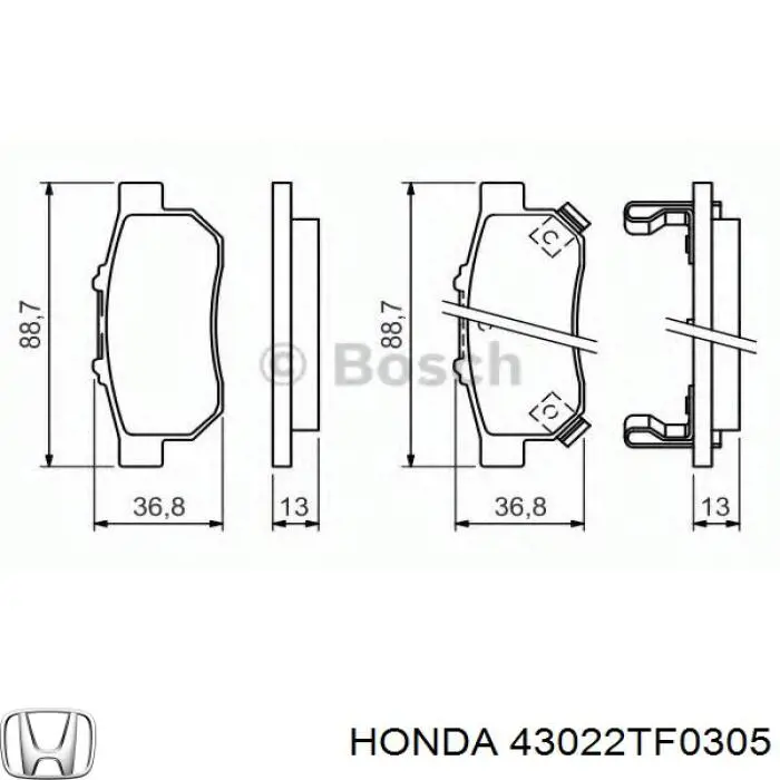 43022TF0305 Honda Колодки гальмівні задні, дискові