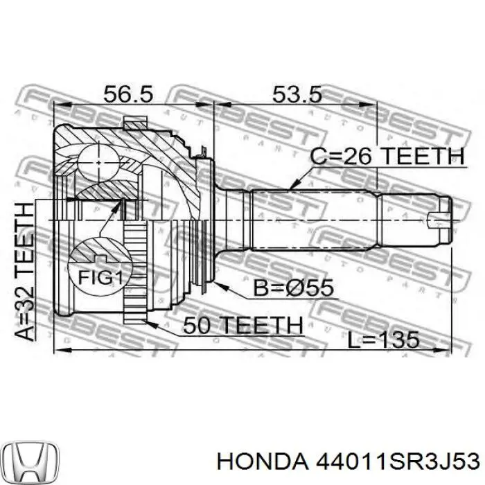 44011SR3J53 Honda Привід лівий