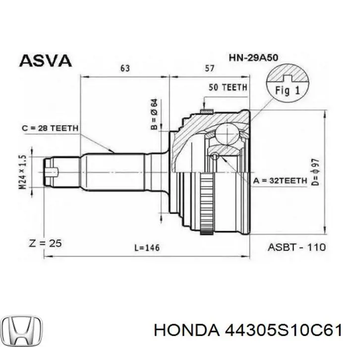 Купити 44305S10C61 Honda Піввісь права
