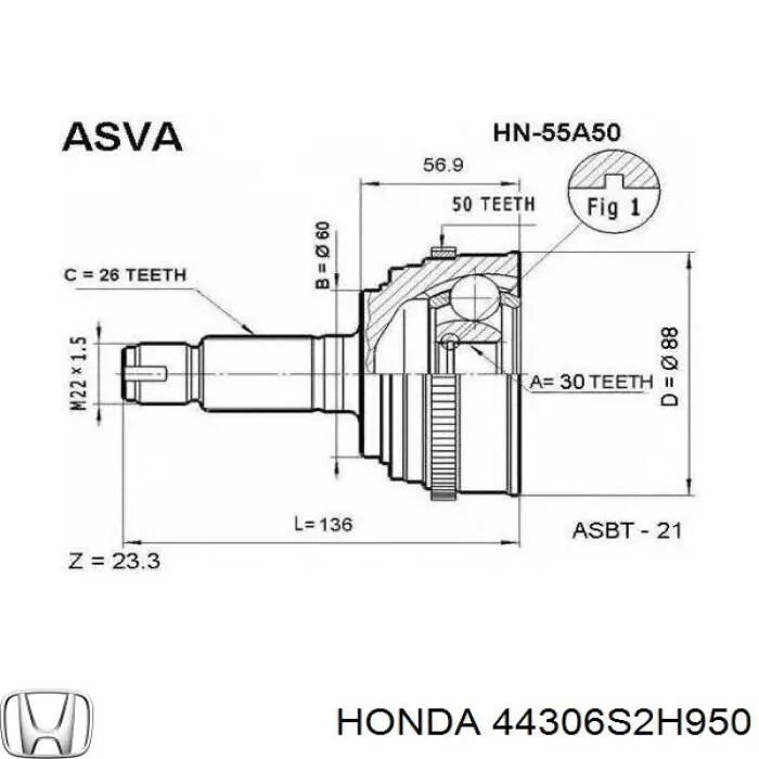 44306S2H950 Honda Привід лівий