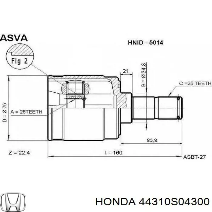 ШРУС внутрішній, передній, правий Honda 44310SO4300