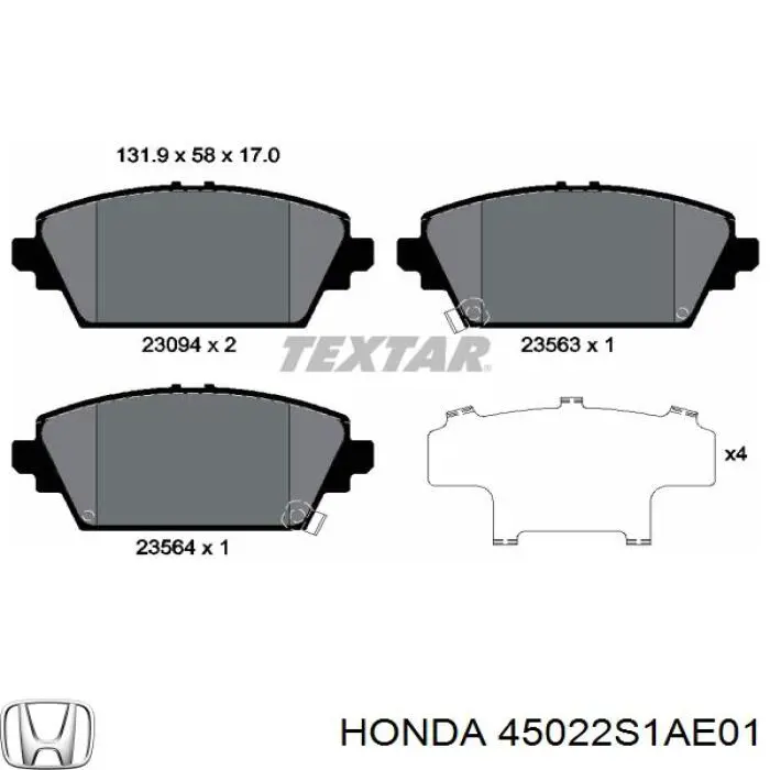 Колодки гальмівні передні, дискові 45022S1AE01 Honda