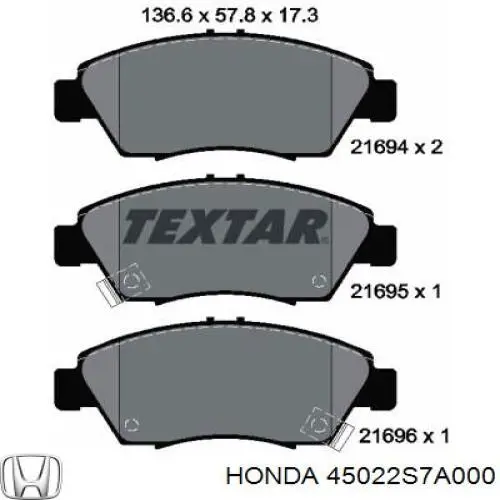 Колодки гальмівні передні, дискові 45022S7A000 Honda