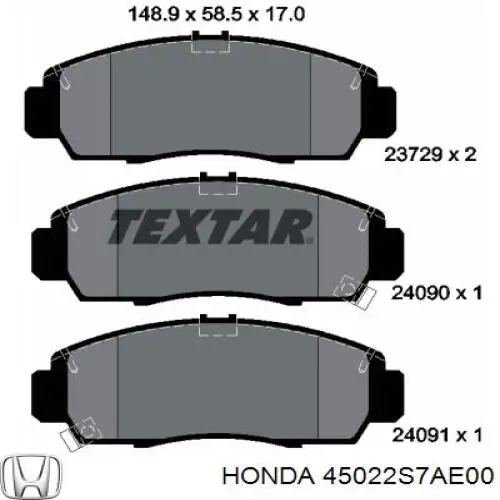 Колодки гальмівні передні, дискові 45022S7AE00 Honda