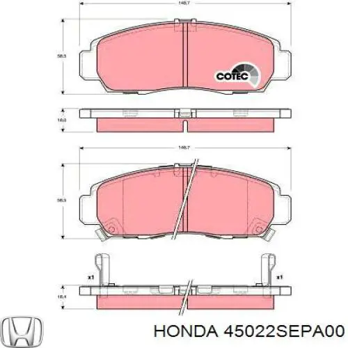 Колодки гальмівні передні, дискові 45022SEPA00 Honda