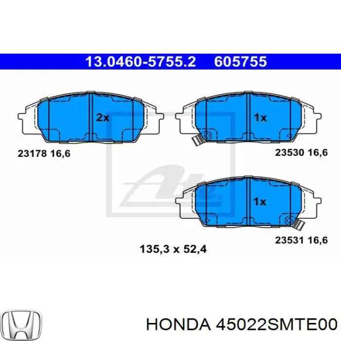 Колодки гальмівні передні, дискові 45022SMTE00 Honda