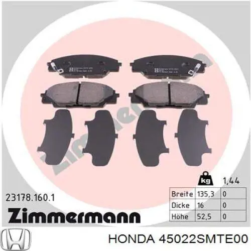 Гальмівні колодки Honda 45022SMTE00 ціна, від 1010.95 UAH