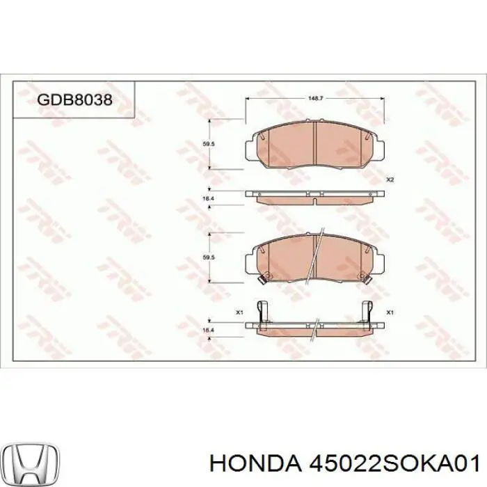 Колодки гальмівні передні, дискові 45022SOKA01 Honda