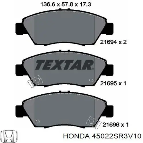 45022SR3V10 Honda Передні гальмівні колодки