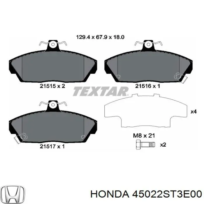 Купити 45022ST3E00 Honda Колодки гальмівні передні, дискові