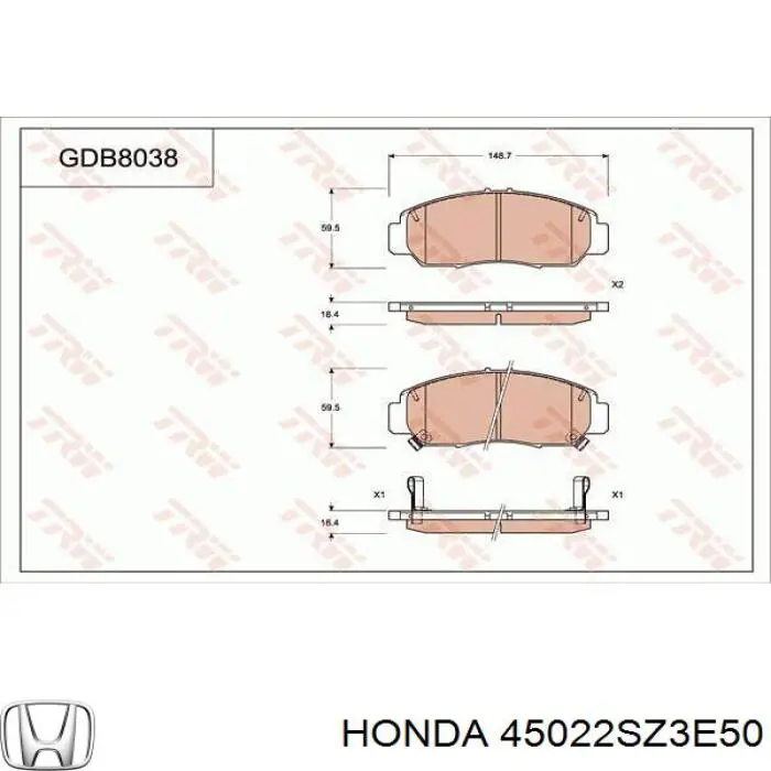 Передні тормозні колодки 45022SZ3E50 Honda