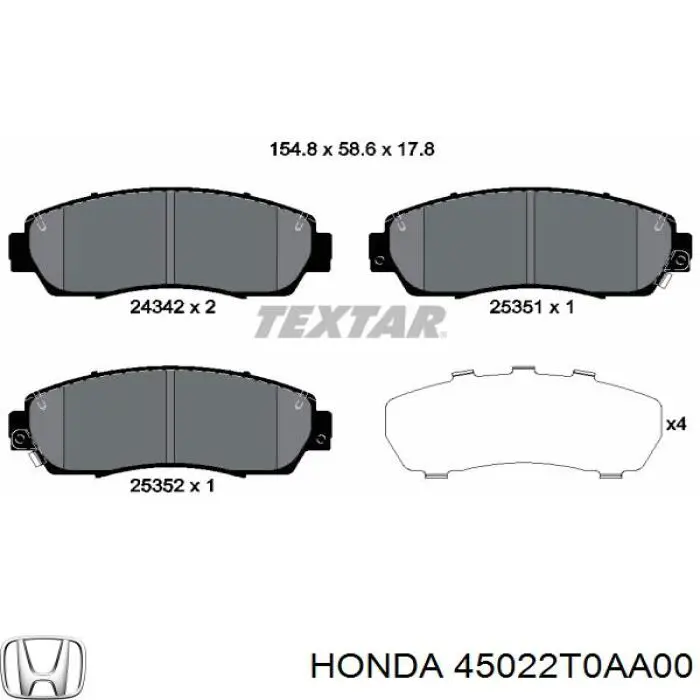 45022T0AA00 Honda колодки гальмівні передні, дискові