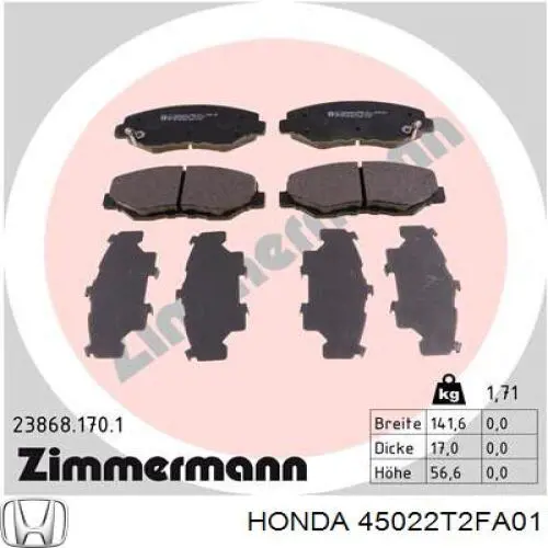 Передні тормозні колодки 45022T2FA01 Honda