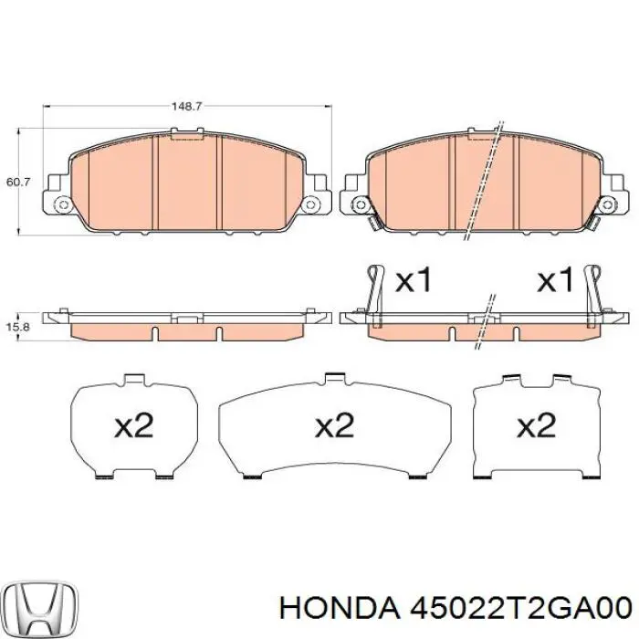 Колодки гальмівні передні, дискові 45022T2GA00 Honda