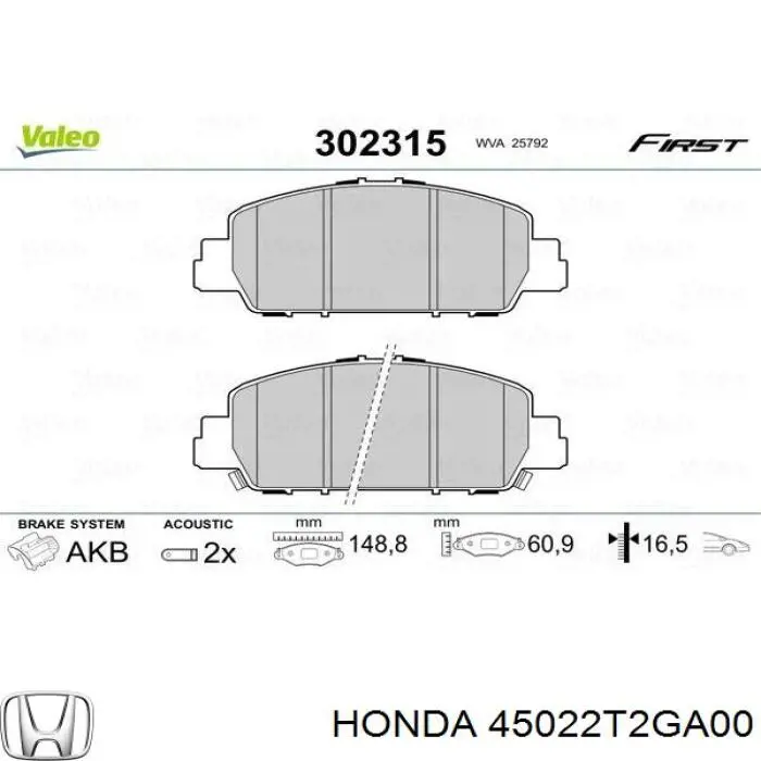Купити 45022T2GA00 Honda Колодки гальмівні передні, дискові