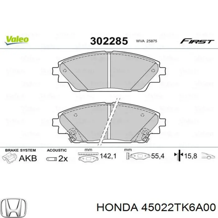 45022TK6A00 Honda Передні гальмівні колодки