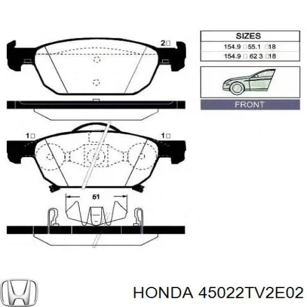45022TV2E02 Honda Передні гальмівні колодки