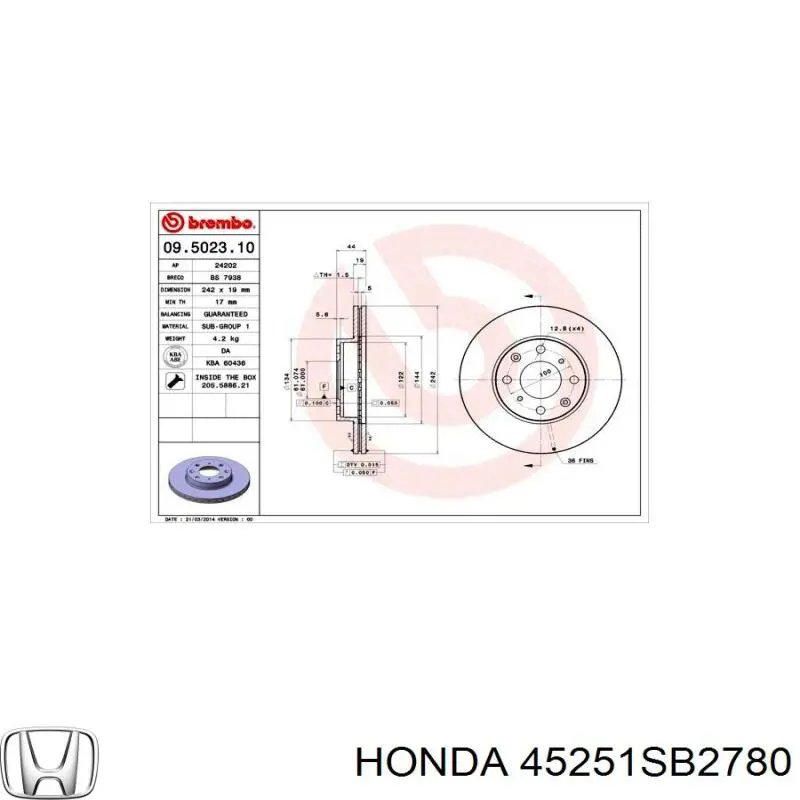 Диск гальмівний передній Honda 45251SB2780