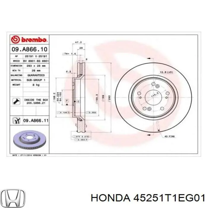Гальмівні диски передні 45251T1EG01 Honda
