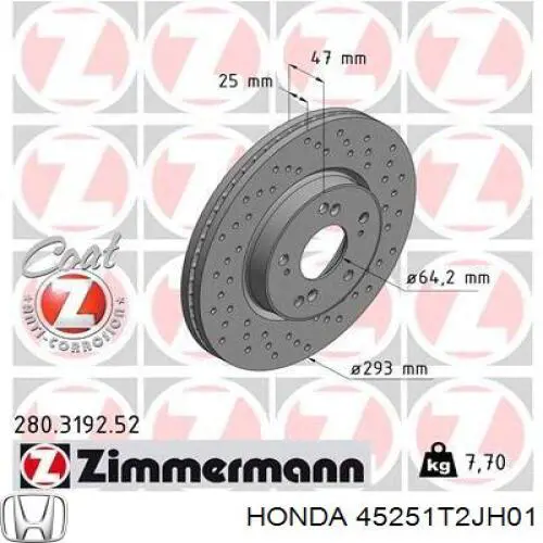 Диск гальмівний передній 45251T2JH01 Honda