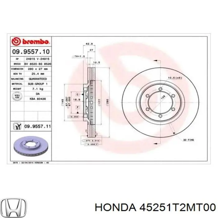 Гальмівні диски передні 45251T2MT00 Honda