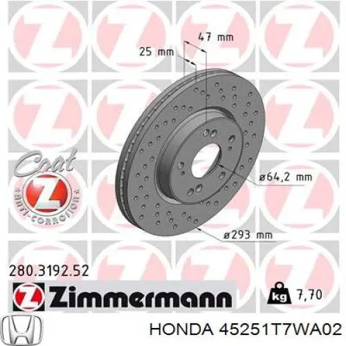 Диск гальмівний передній 45251T7WA02 Honda