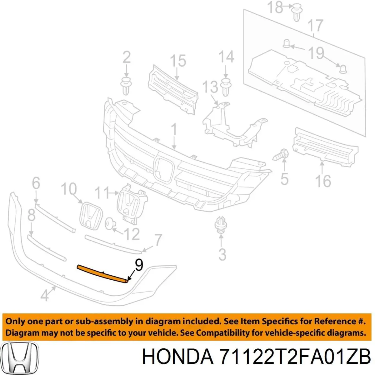 Молдинг решітки радіатора, нижній 71122T2FA01ZB Honda