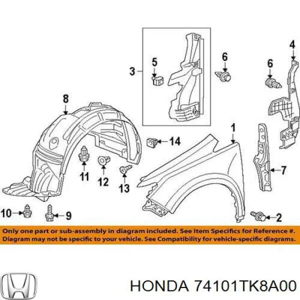 74101TK8A00 Honda Підкрилок переднього крила, правий
