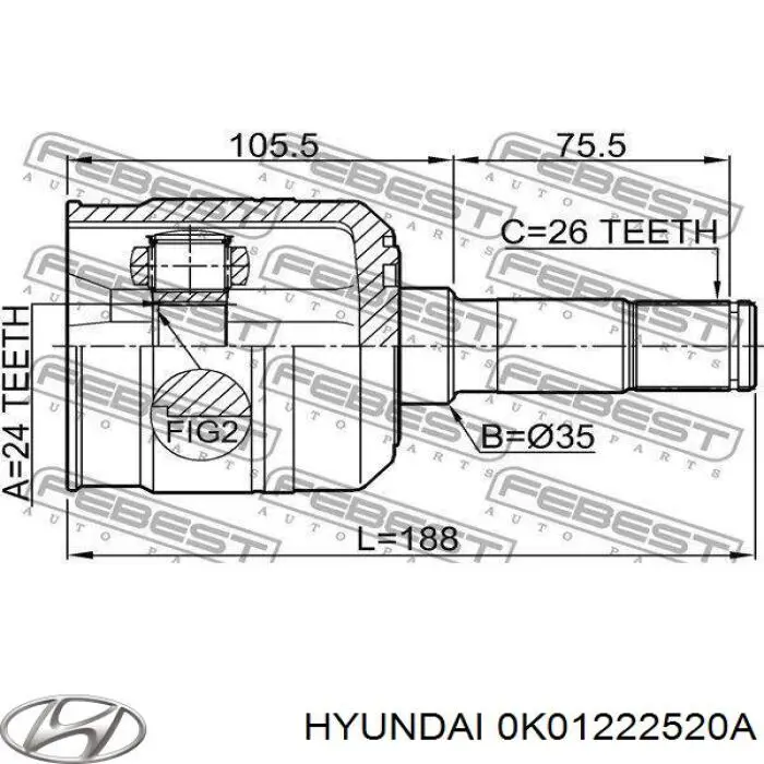 ШРУС внутрішній, передній, правий 0K01222520A Hyundai/Kia