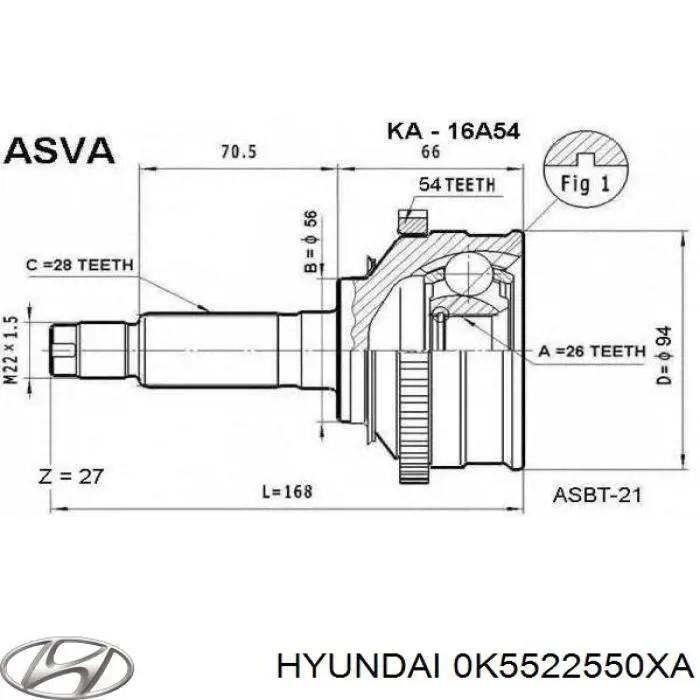 Піввісь (привід) передня, права 0K5522550XA Hyundai/Kia