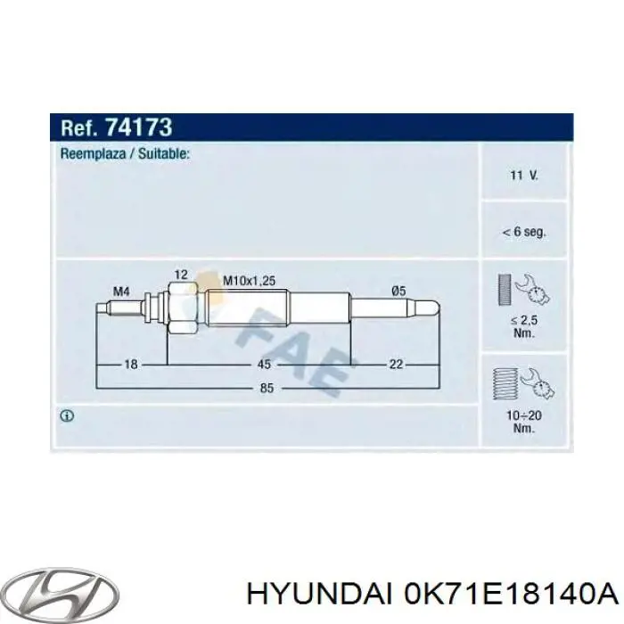 0K71E18140A Hyundai/Kia свічка накалу