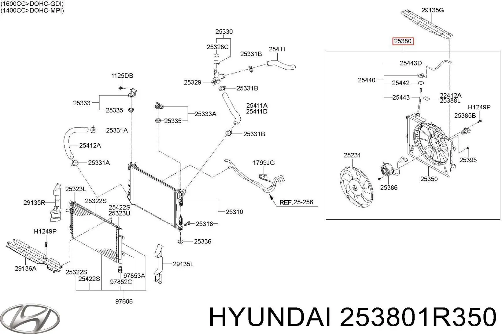 253801R350 Hyundai/Kia дифузор радіатора охолодження, в зборі з двигуном і крильчаткою