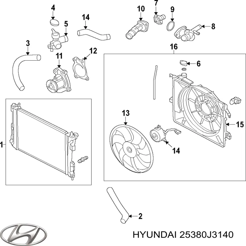 25380J3140 Hyundai/Kia Дифузор радіатора охолодження, в зборі з мотором і крильчаткою