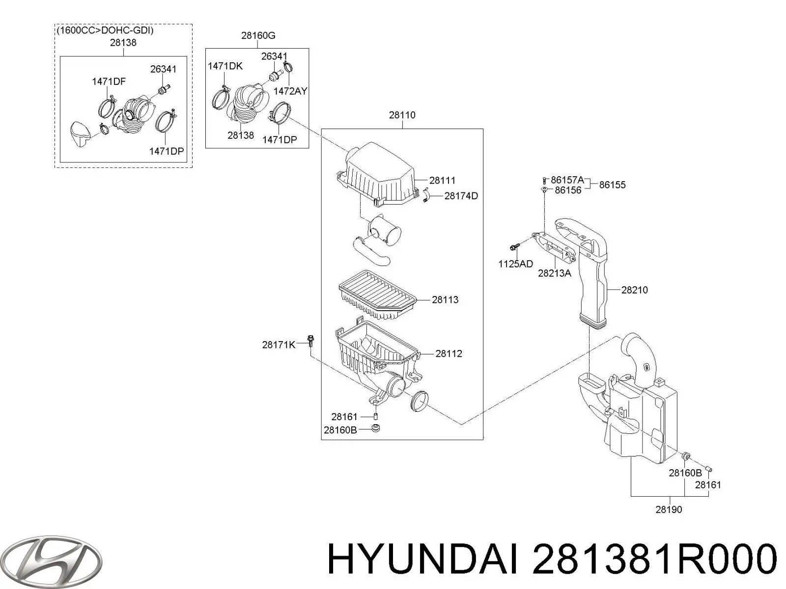 Патрубок повітряний, вхід повітряного фільтра Hyundai/Kia 281381R000 ціна, від 10.13 USD