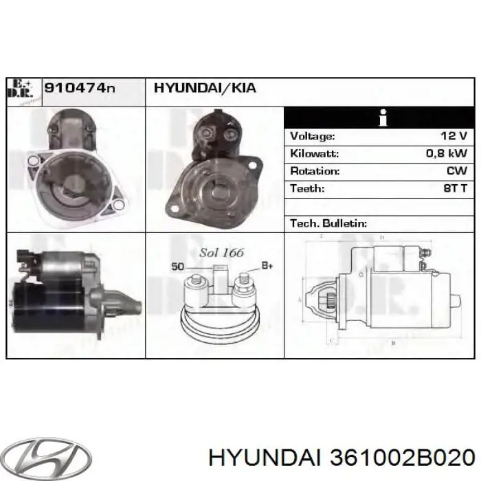 Стартер Hyundai/Kia 361002B020 ціна, від 50.66 USD