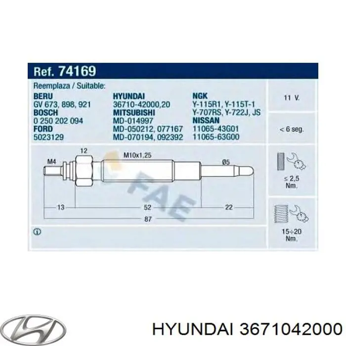 Свічка накалу 3671042000 Hyundai/Kia