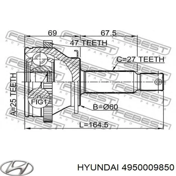 4950009850 Hyundai/Kia піввісь (привід передня, права)