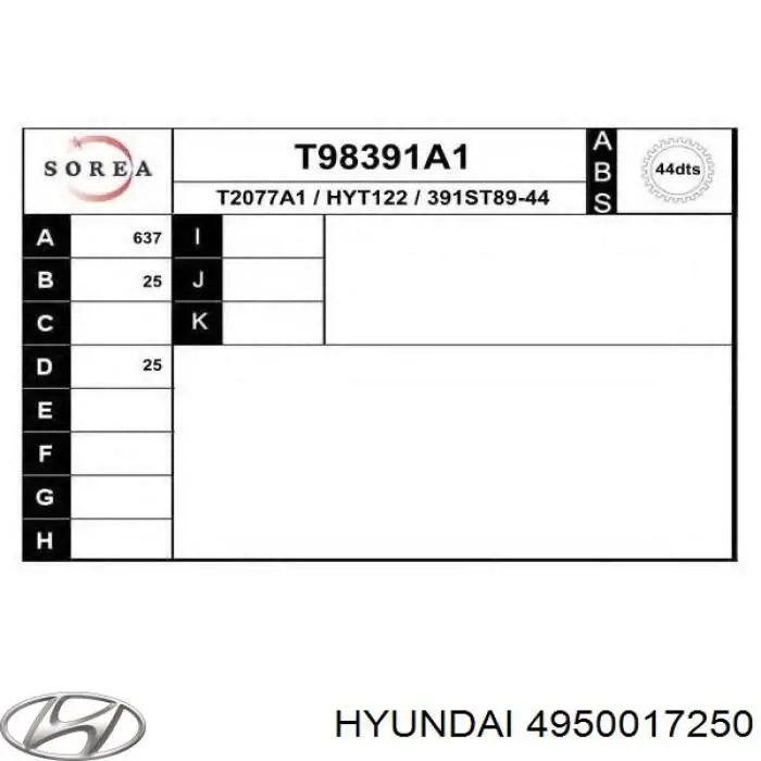 Піввісь (привід) передня, ліва 4950017250 Hyundai/Kia