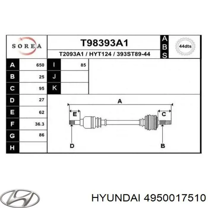 Піввісь (привід) передня, ліва Hyundai Matrix (FC) (Хендай Матрікс)