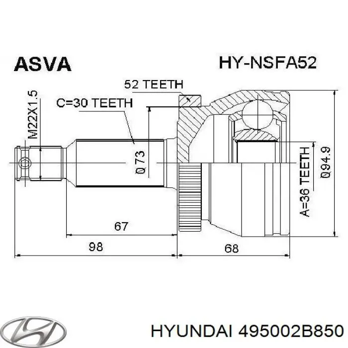 495002B850 Hyundai/Kia піввісь (привід передня, ліва)