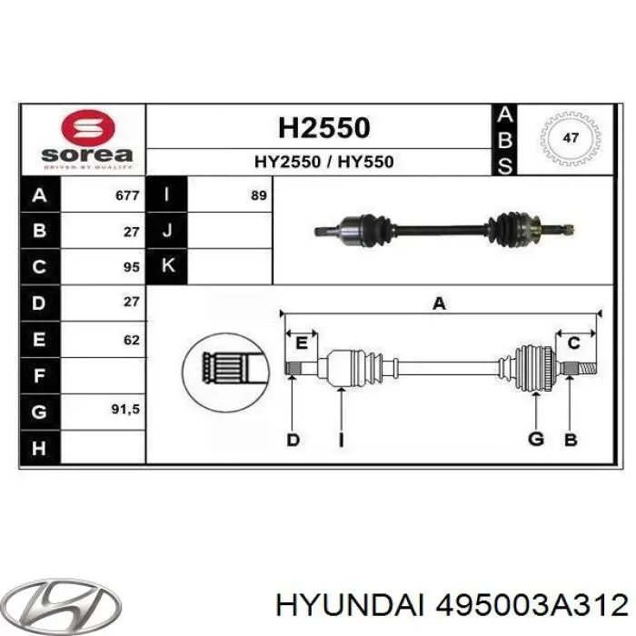 Ліва піввісь 495003A312 Hyundai/Kia