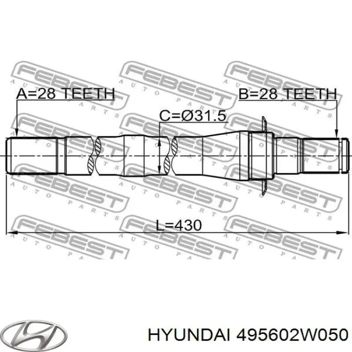 Вал приводу піввісь, проміжний Hyundai/Kia 495602W050 ціна, від 90.54 USD
