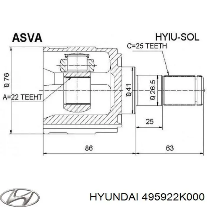ШРКШ внутрішній, передній, правий Hyundai/Kia 495922K000 ціна, від 70.97 USD