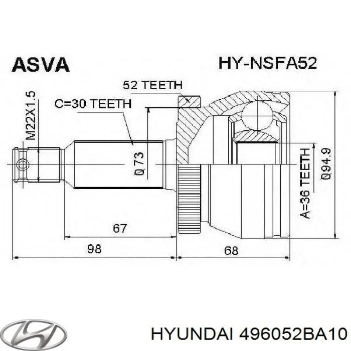 ШРКШ внутрішній, передній, правий Hyundai/Kia 496052BA10 ціна, від 59.75 USD