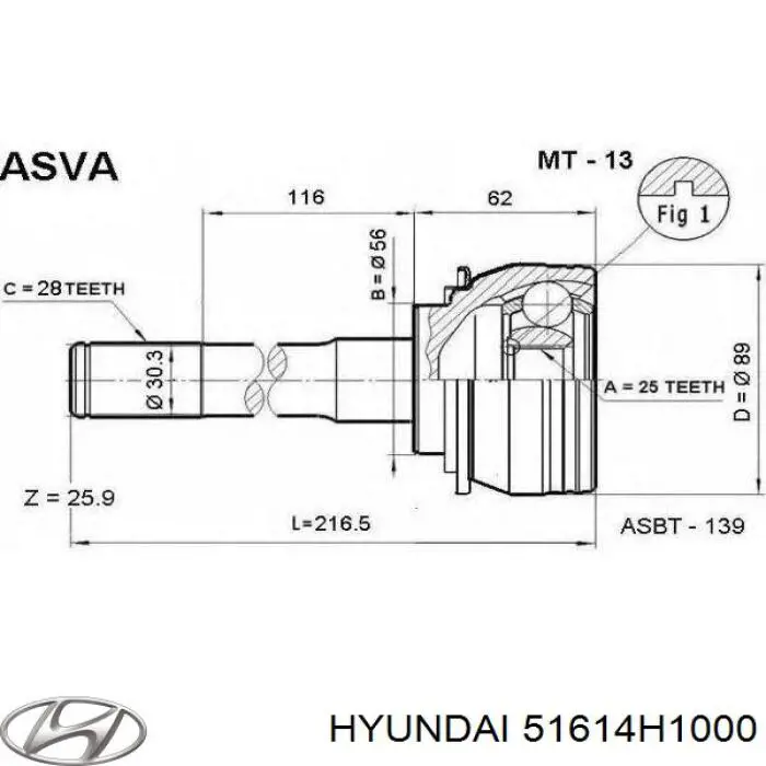 51614H1000 Hyundai/Kia шрус зовнішній передній